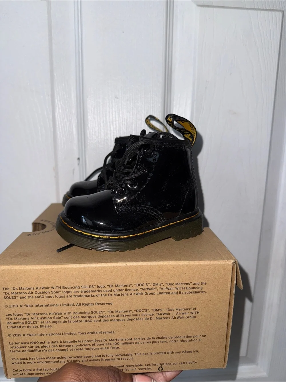 Dr. Martens Kids Black Patent Lace-Up Boots with Yellow Stitching